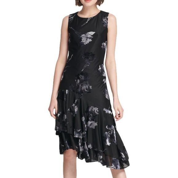 DKNY Black‎ Asymmetrical Floral Print Party Dress - Picture 1 of 6